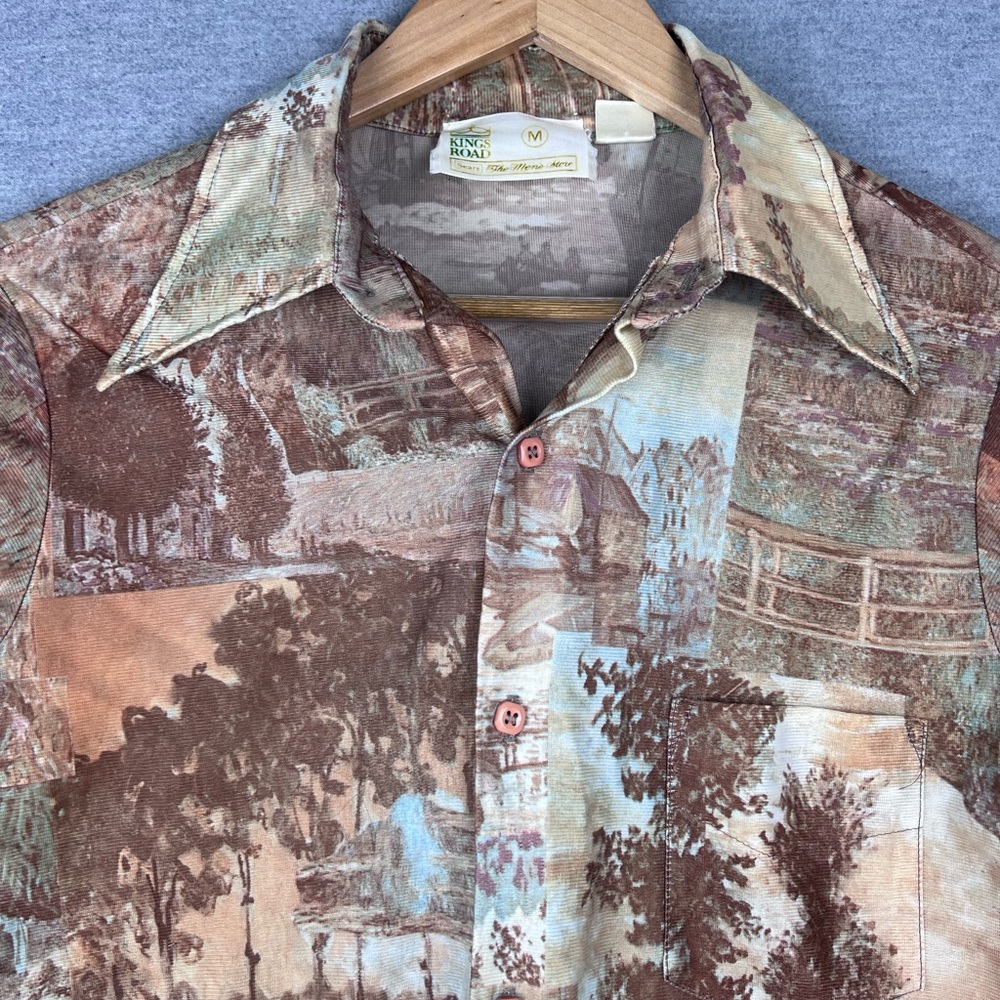 Vintage Kings Road Sears Mens M Scenic Landscape Print Shirt 70s Disco Collar